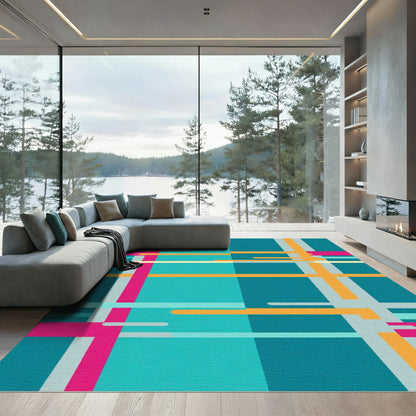 Modern Teal Orange Plaid Graphic Rug