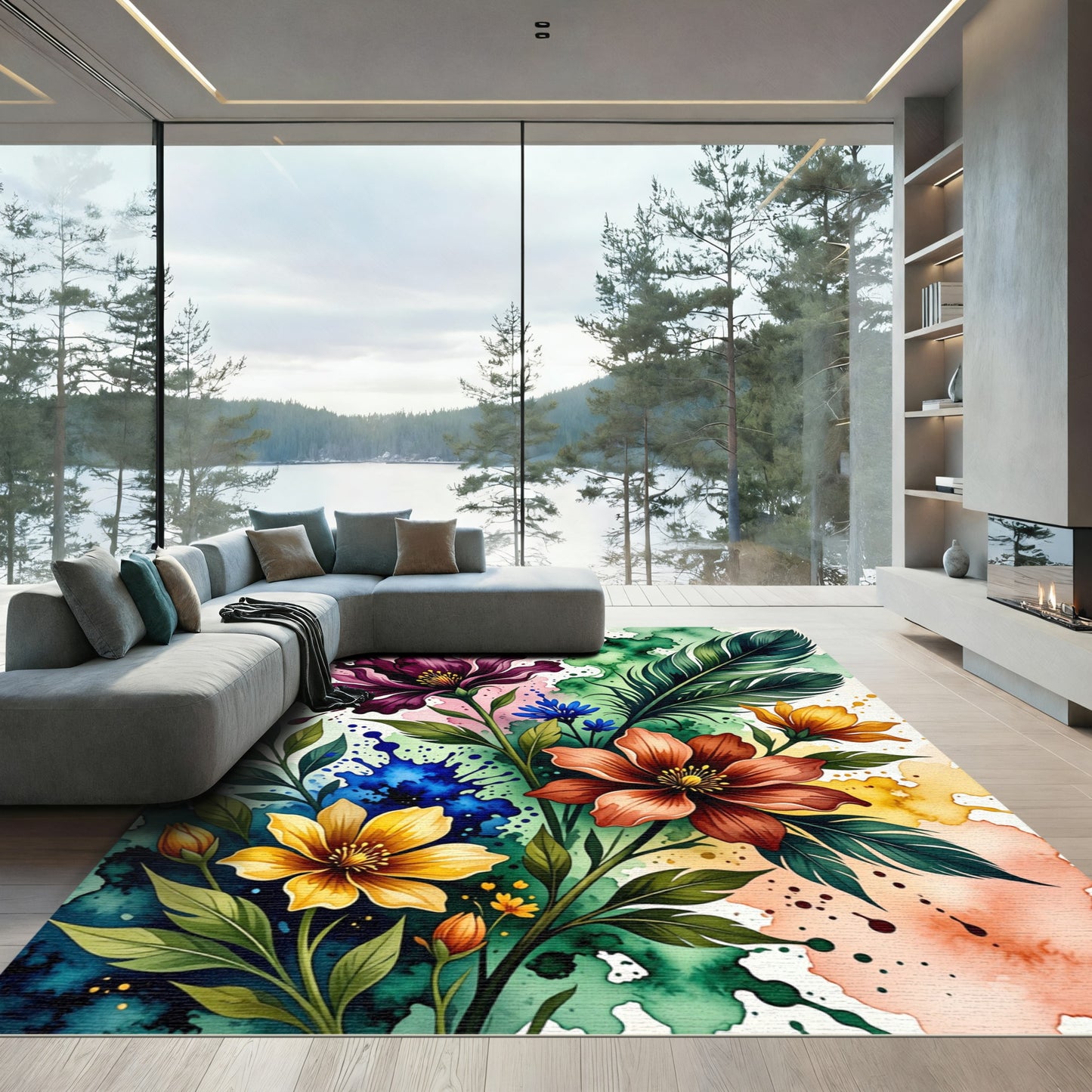 Vibrant Watercolor Botanical Feather Bouquet Rug
