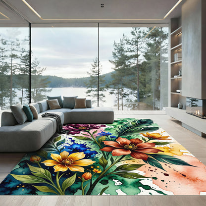 Vibrant Watercolor Botanical Feather Bouquet Rug