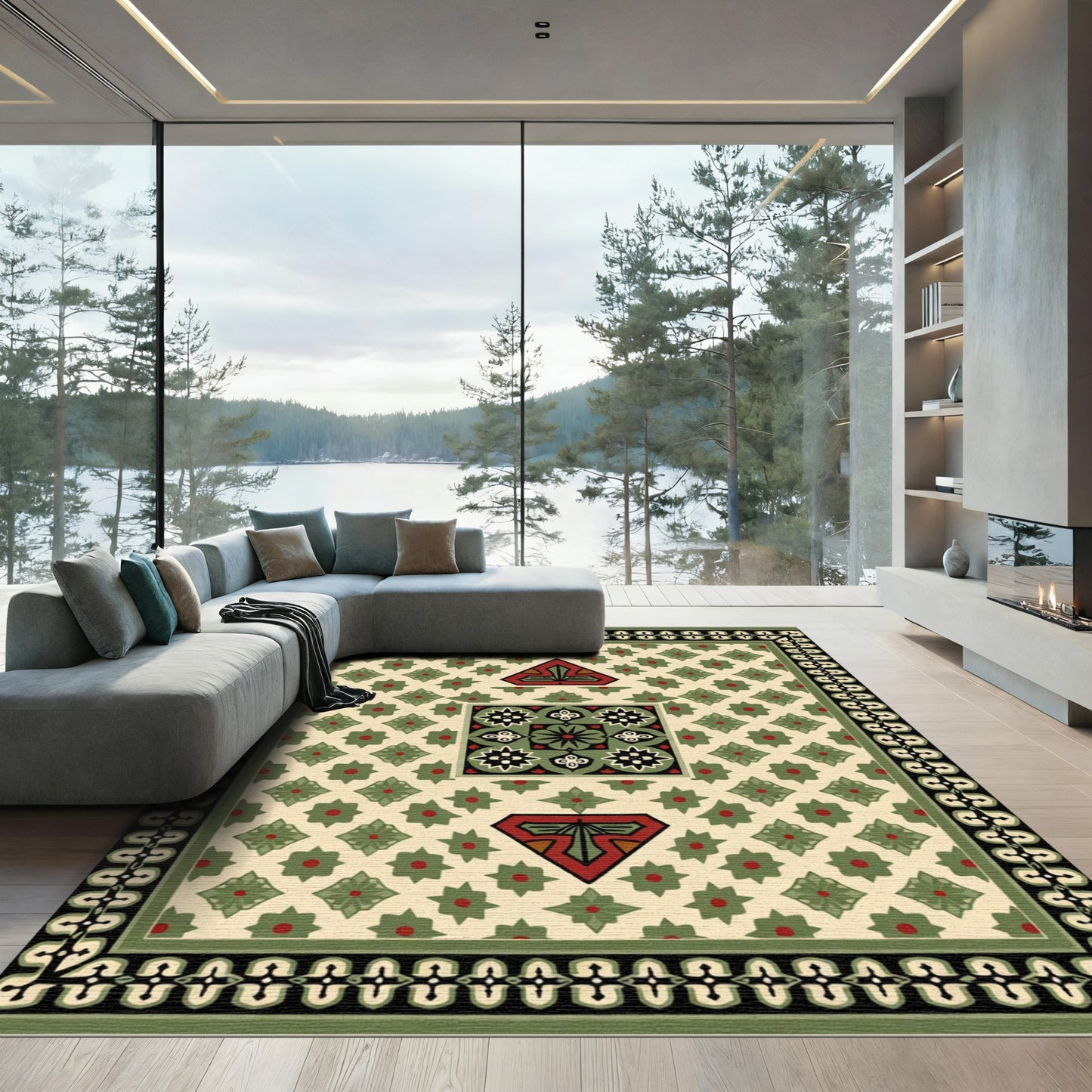 Cream Geometric Green Red Medallion Rug