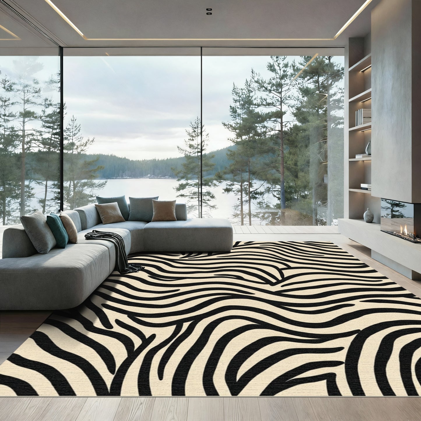 Cream And Black Abstract Stripe Rug