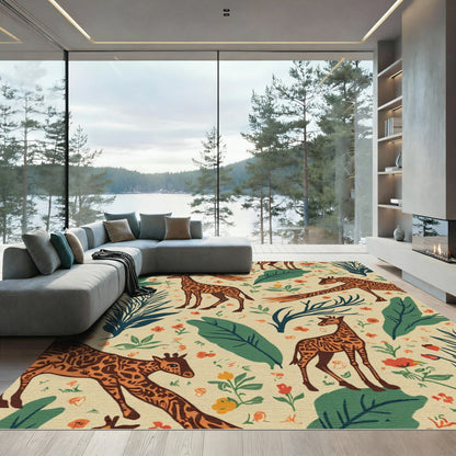 Whimsical Giraffe Woodland Floral Scene Rug