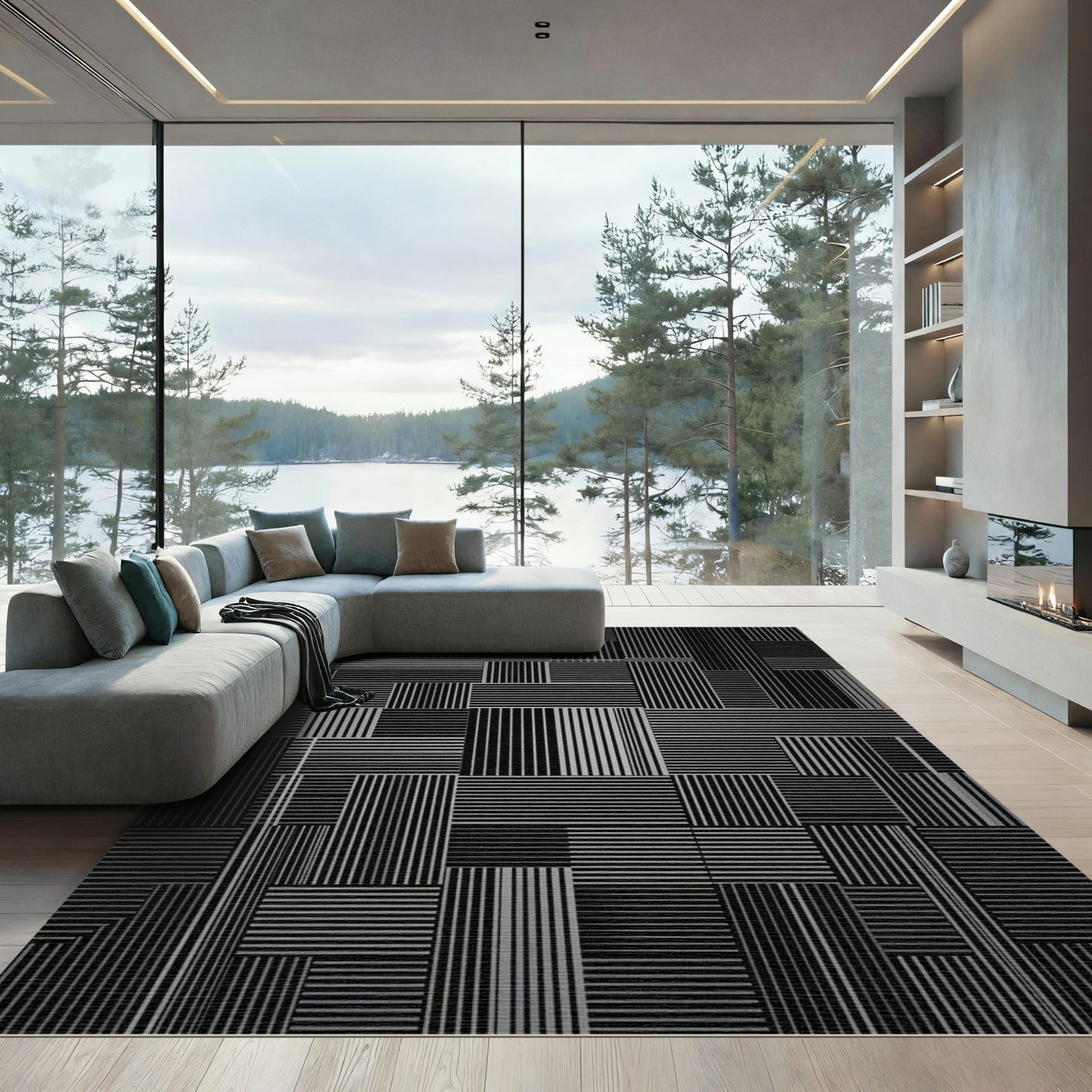 Monochrome Linear Geometric Grid Abstract Rug
