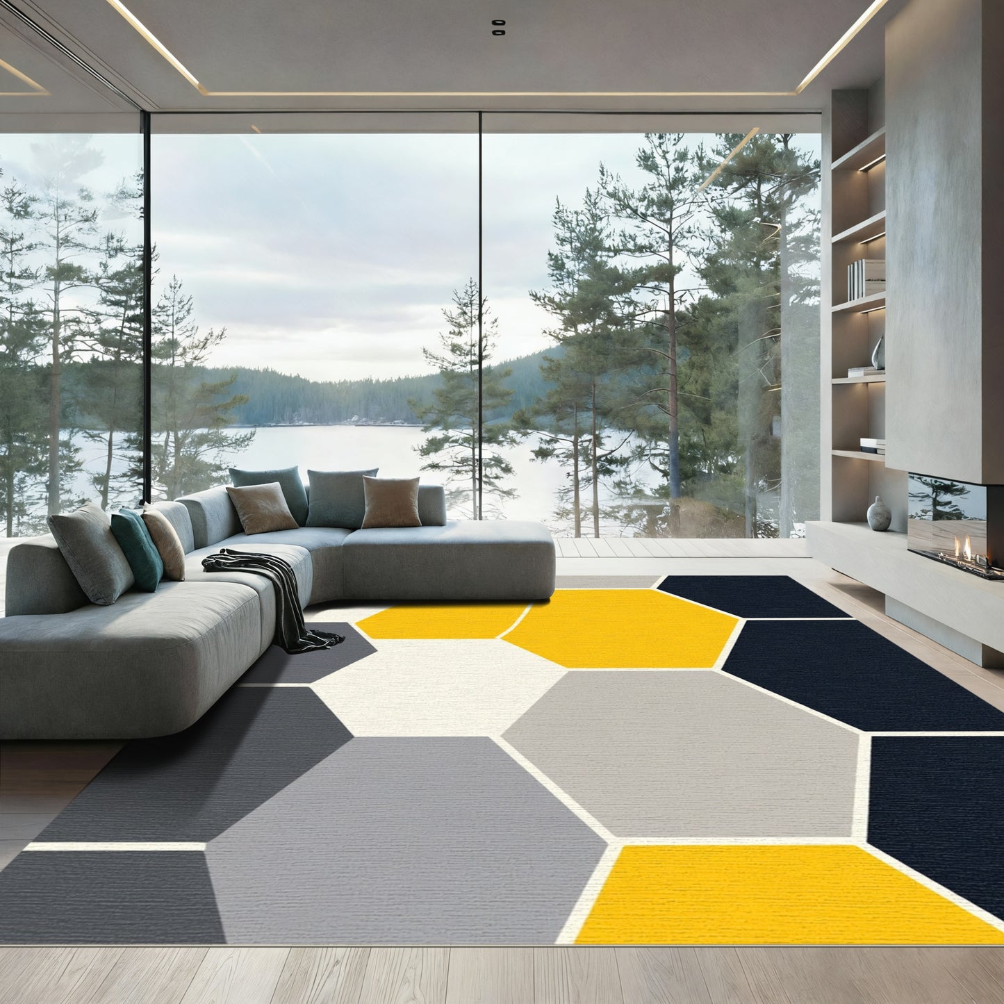 Modern Yellow Gray Hexagon Collage Rug