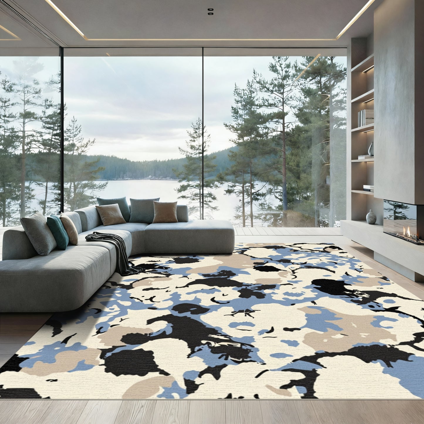 Abstract Camouflage Cream Blue Tan Print Rug