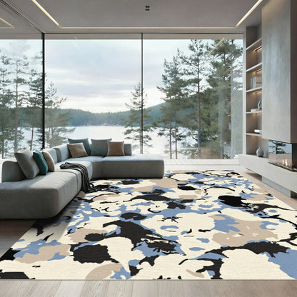 Abstract Camouflage Cream Blue Tan Print Rug