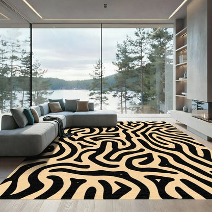 Modern Black Tan Maze Lines Rug