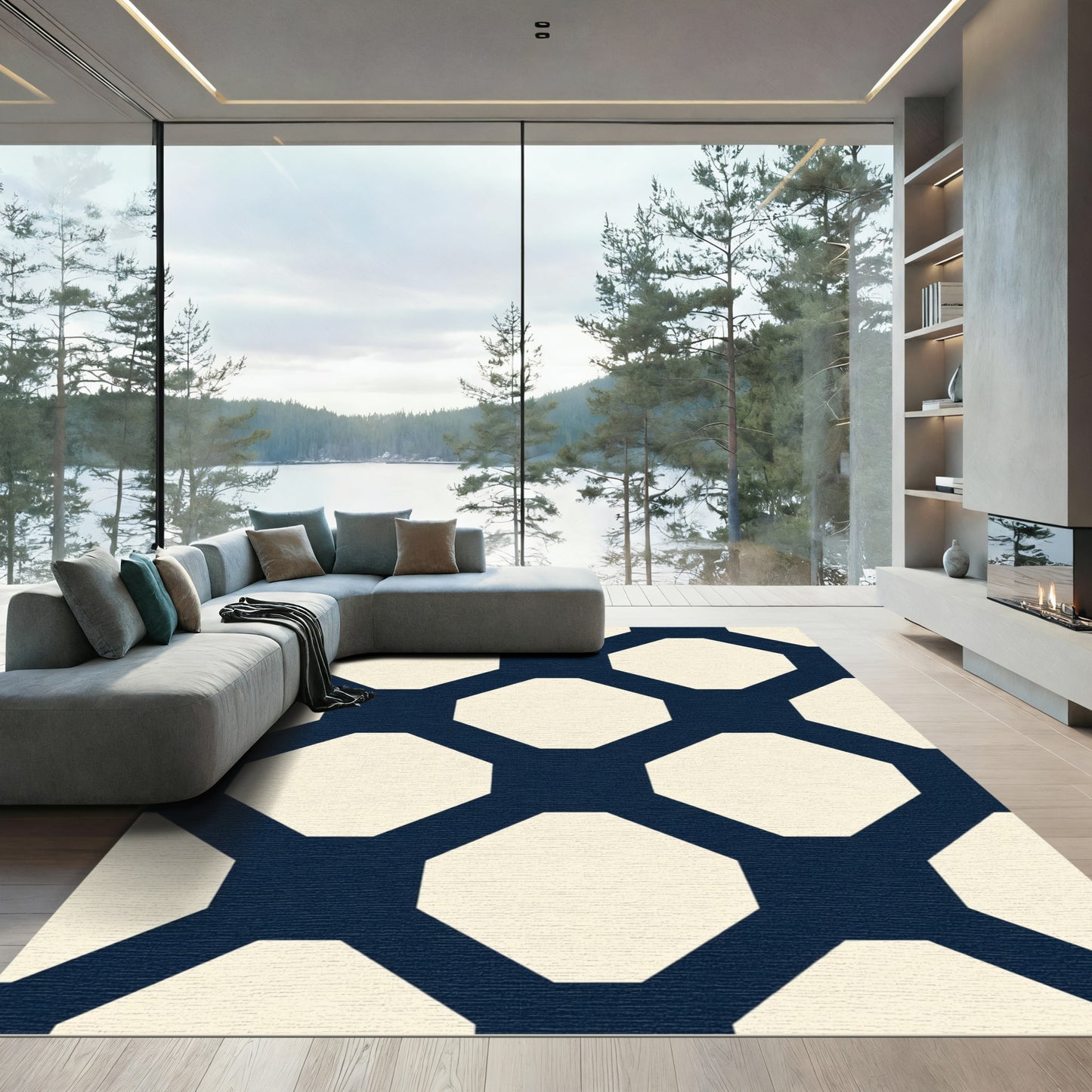 Navy Cream Octagon Lattice Rug