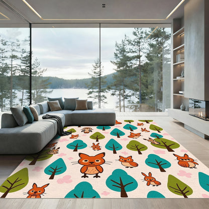 Cute Woodland Critters Trees and Flowers Rug