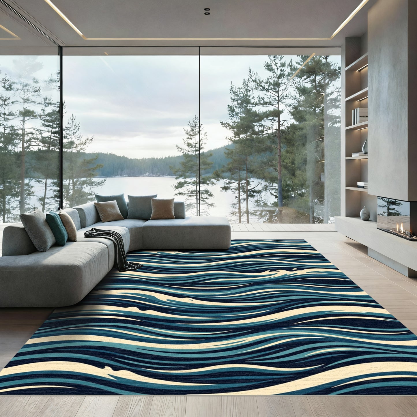 Flowing Ocean Wave Navy Cream Ripples Rug