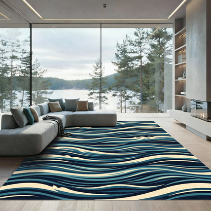 Flowing Ocean Wave Navy Cream Ripples Rug