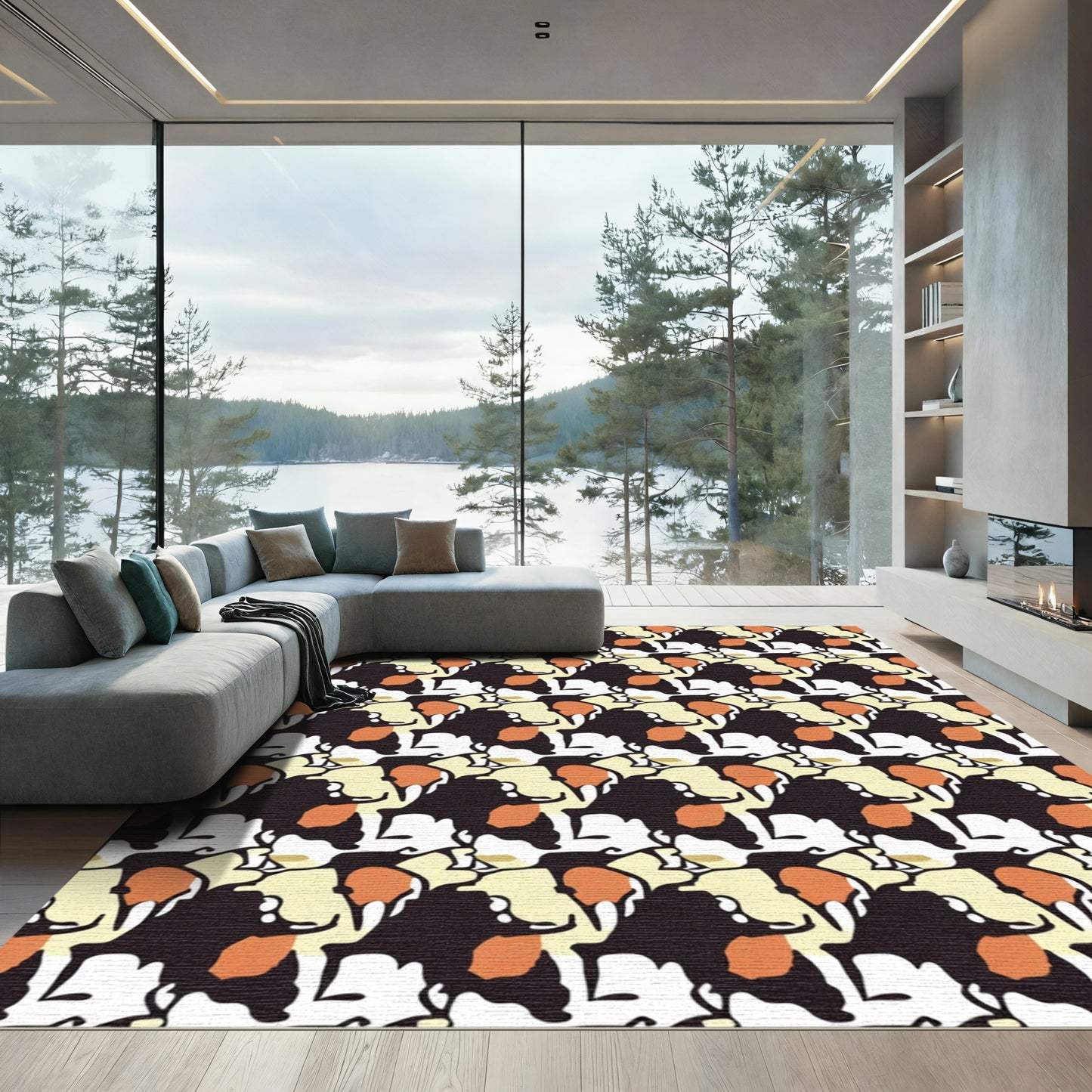 Tapestry Black Orange Abstract Forms Rug