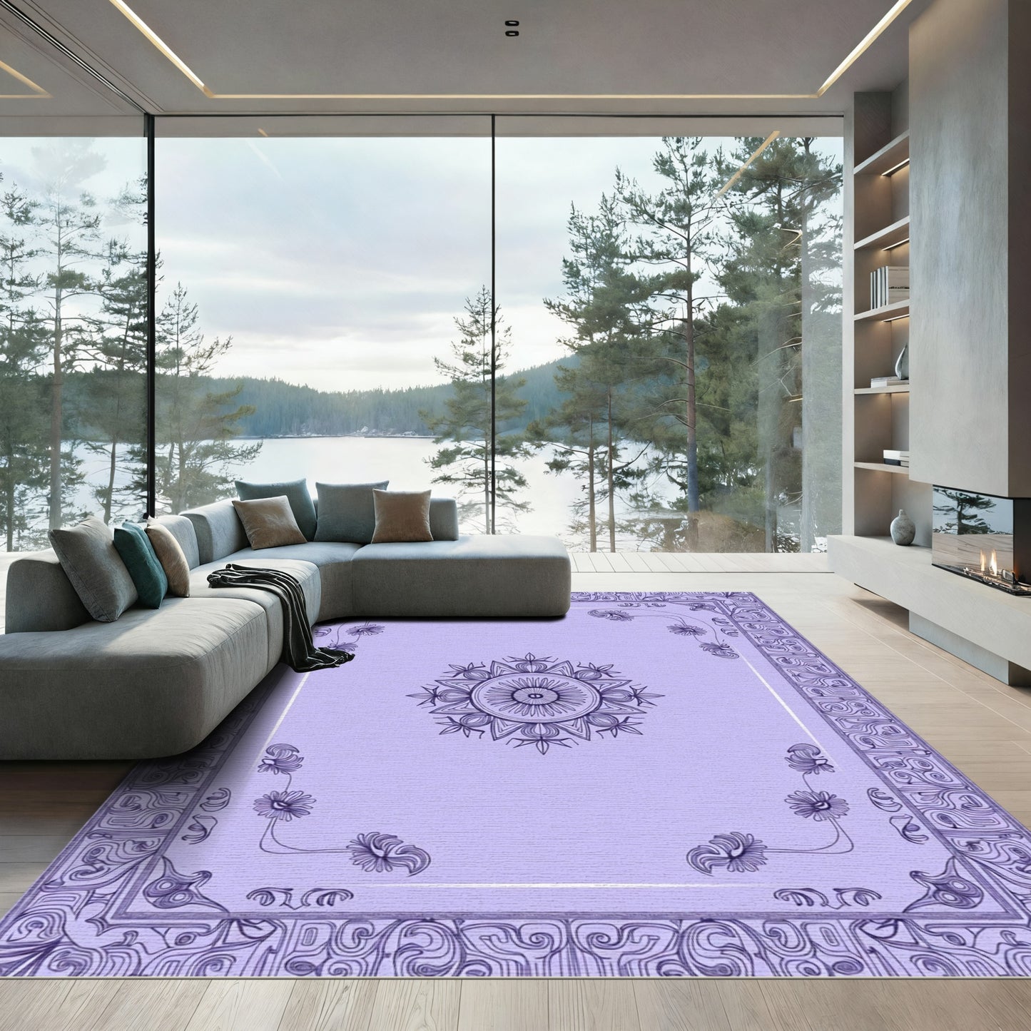 Purple Mandala Floral Border Rug
