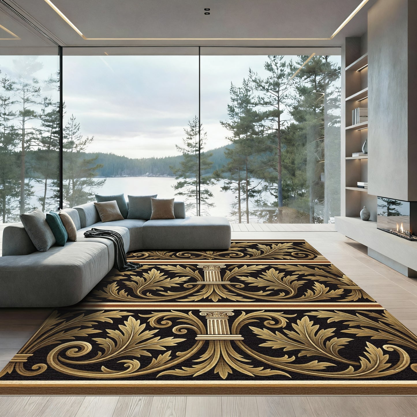 Ornate Gold Leaf Scroll Columns Rug