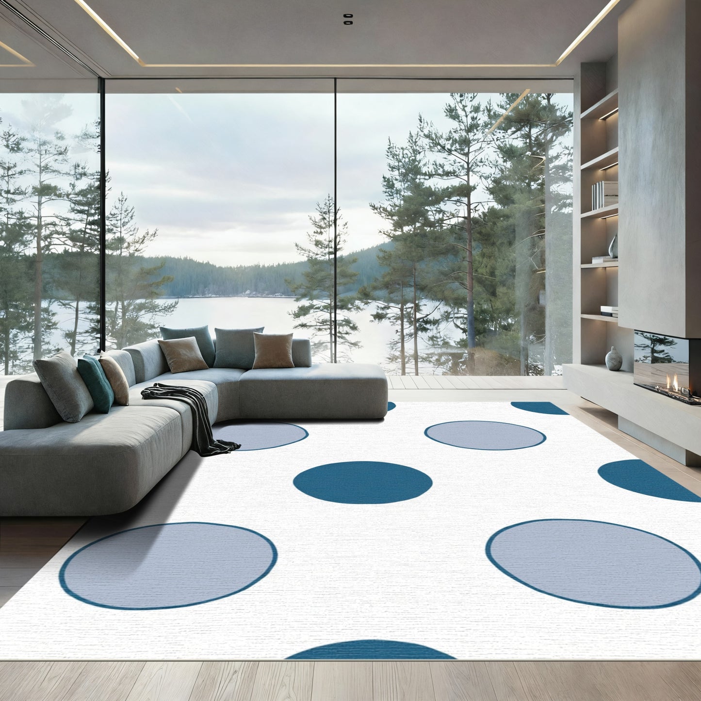 Deep Blue And Gray Polka Dot Overlay Rug