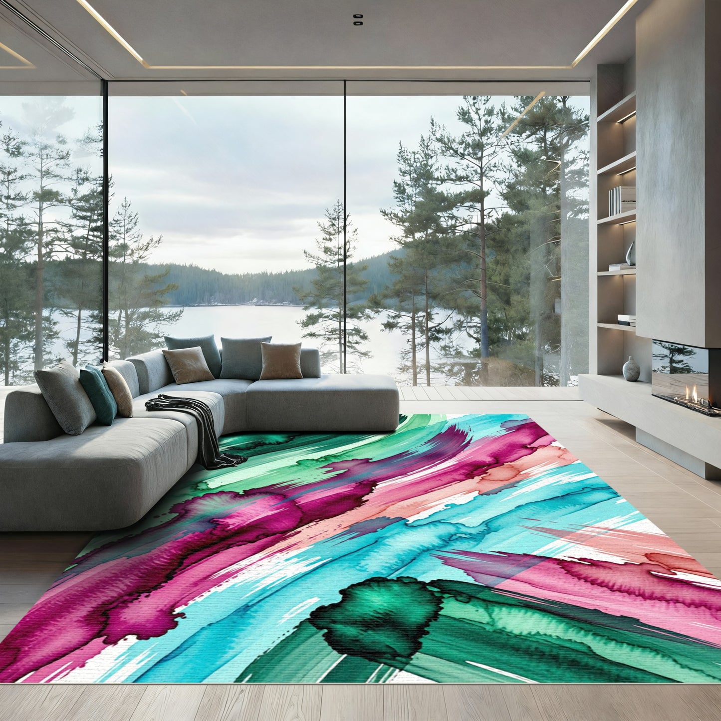 Vibrant Teal and Magenta Abstract Fluid Rug