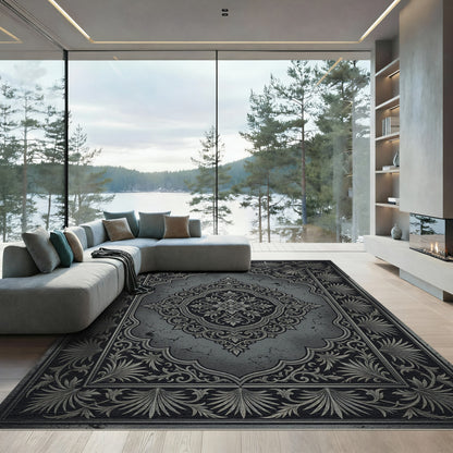 Ornate Charcoal Damask Floral Medallion Rug