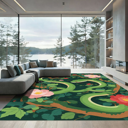 Emerald Serpent Amidst Pink Red Blossoms Rug