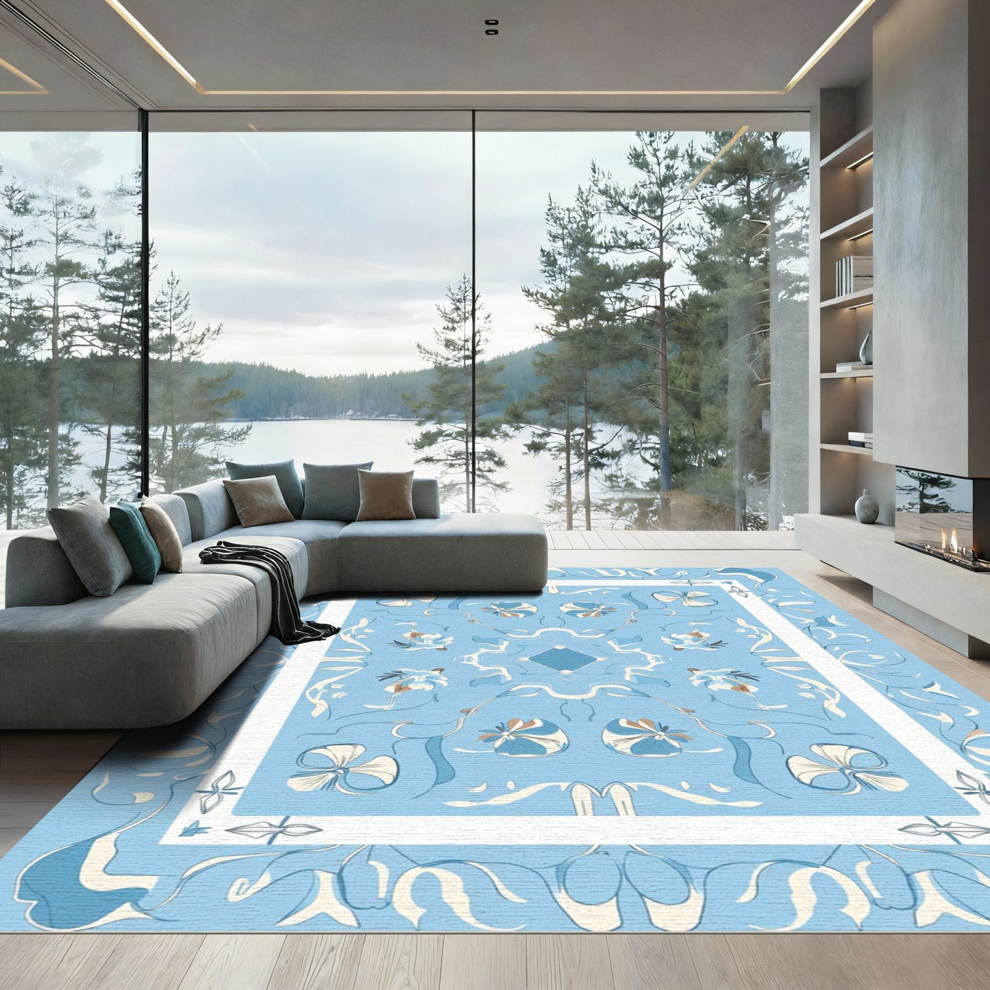 Light Blue Floral Scrollwork Frame Rug