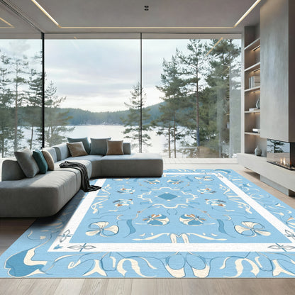 Light Blue Floral Scrollwork Frame Rug
