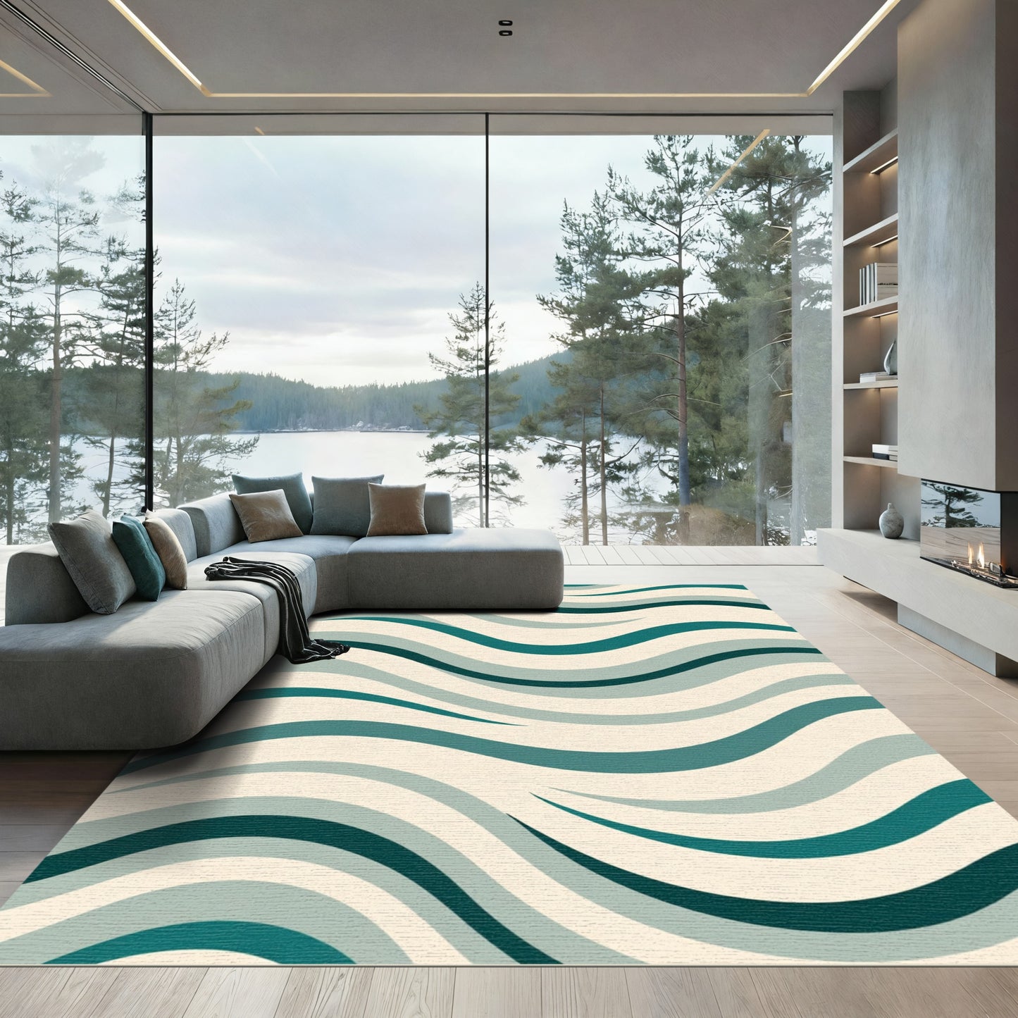 Teal and Cream Wave Pattern Rug