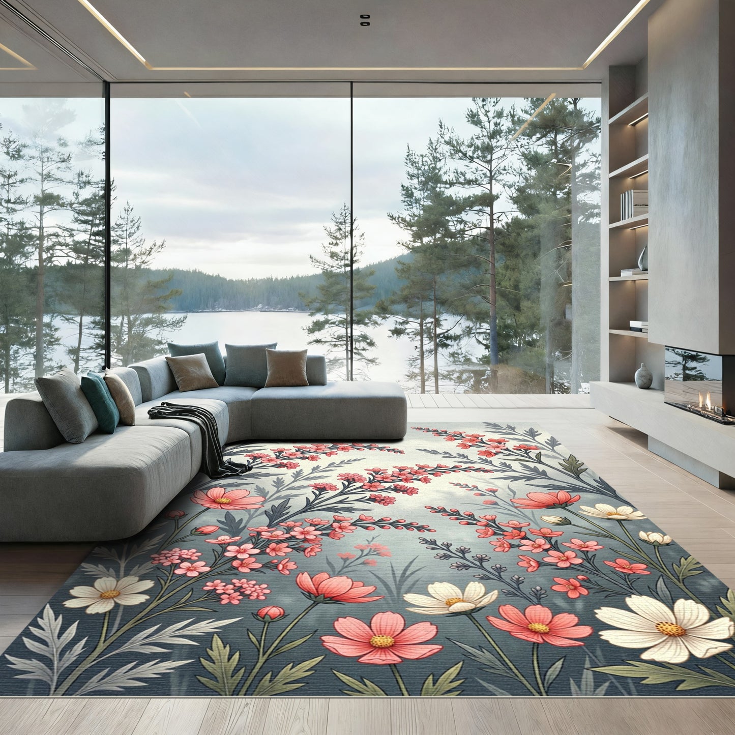 Soft Pink Meadow Floral Botanical Rug