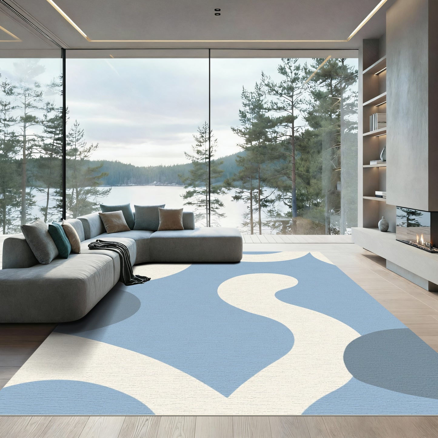 Soft Blue Cream Wavy Organic Shapes Rug