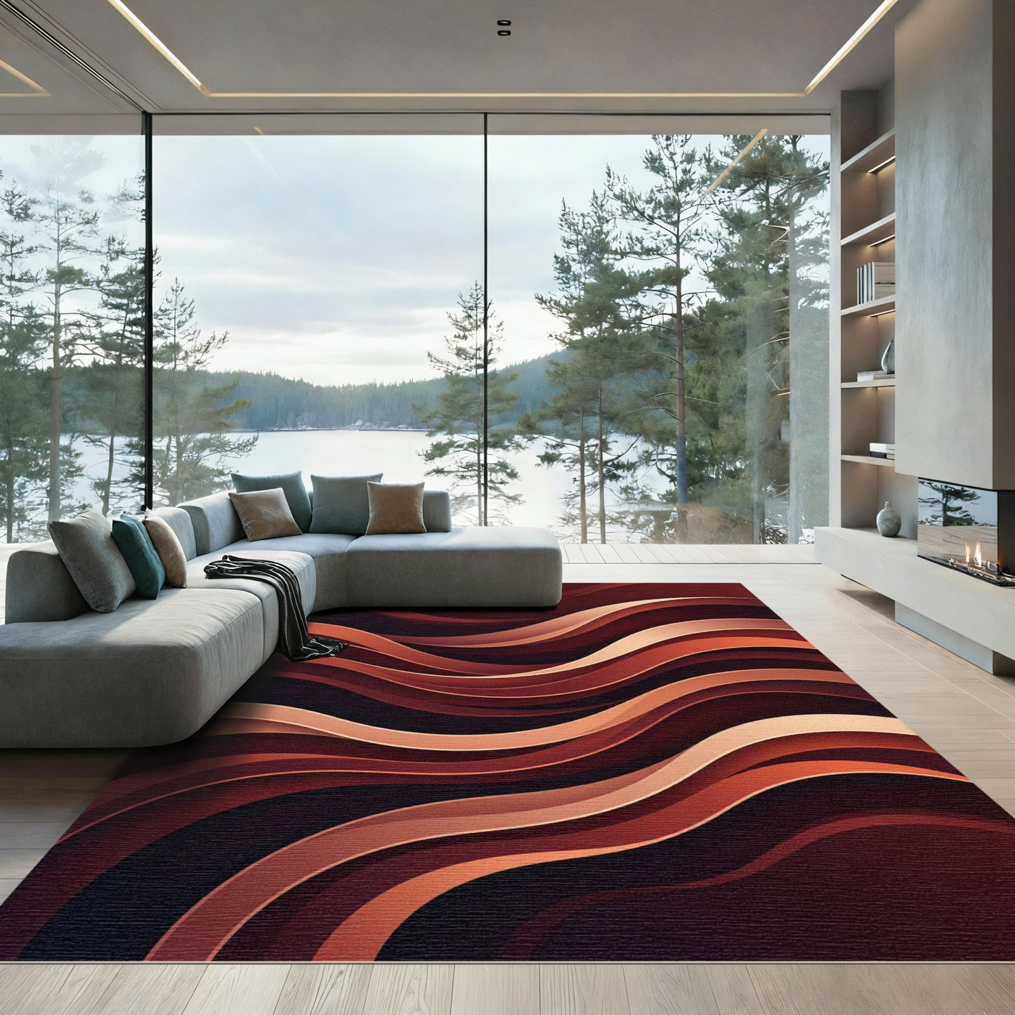 Modern Abstract Crimson Flowing Waves Rug