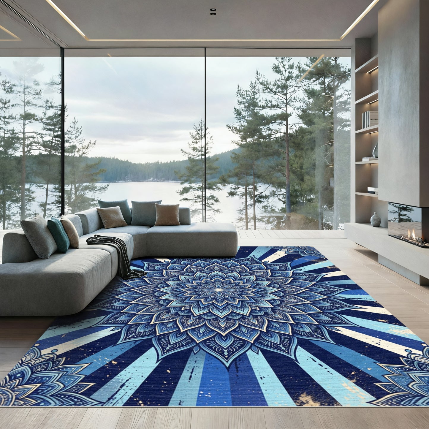 Radiant Indigo Celestial Flower Mandala Rug