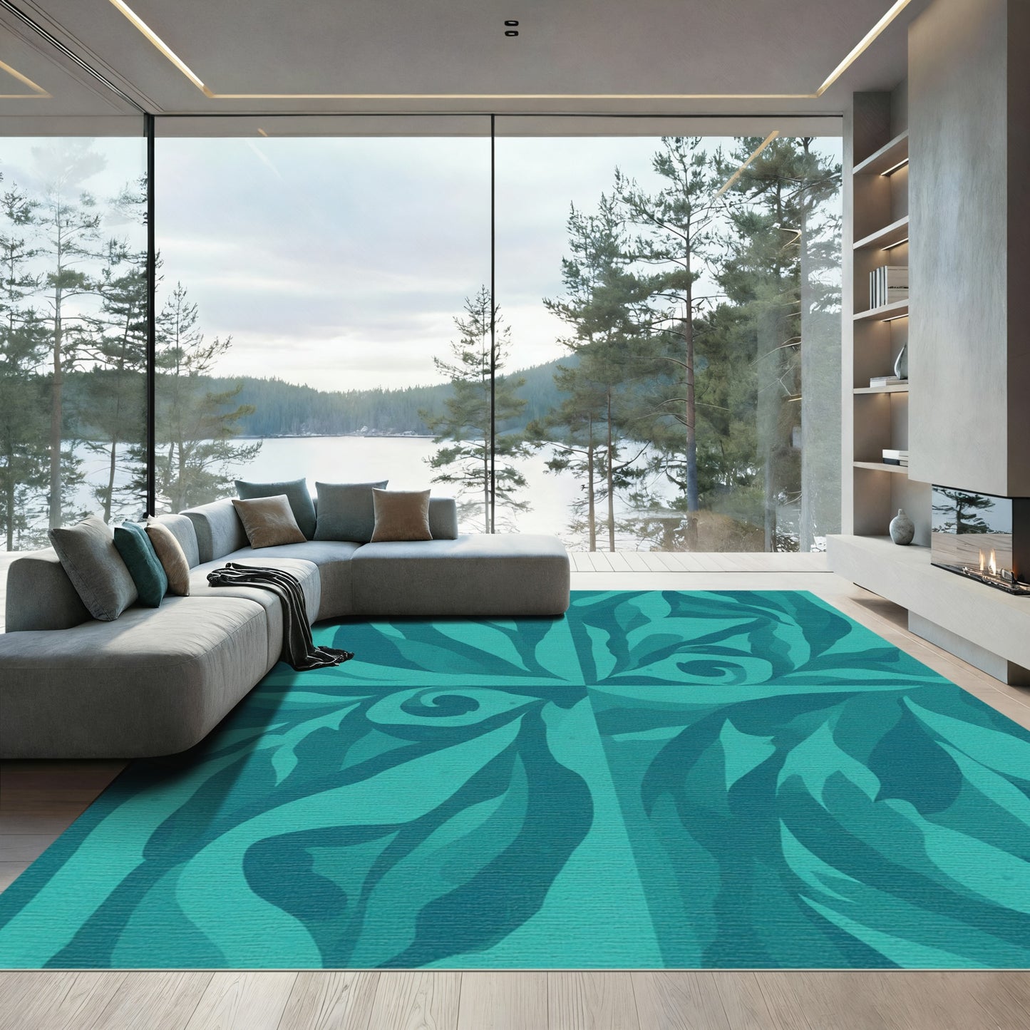 Teal Abstract Swirling Leaf Composition Rug