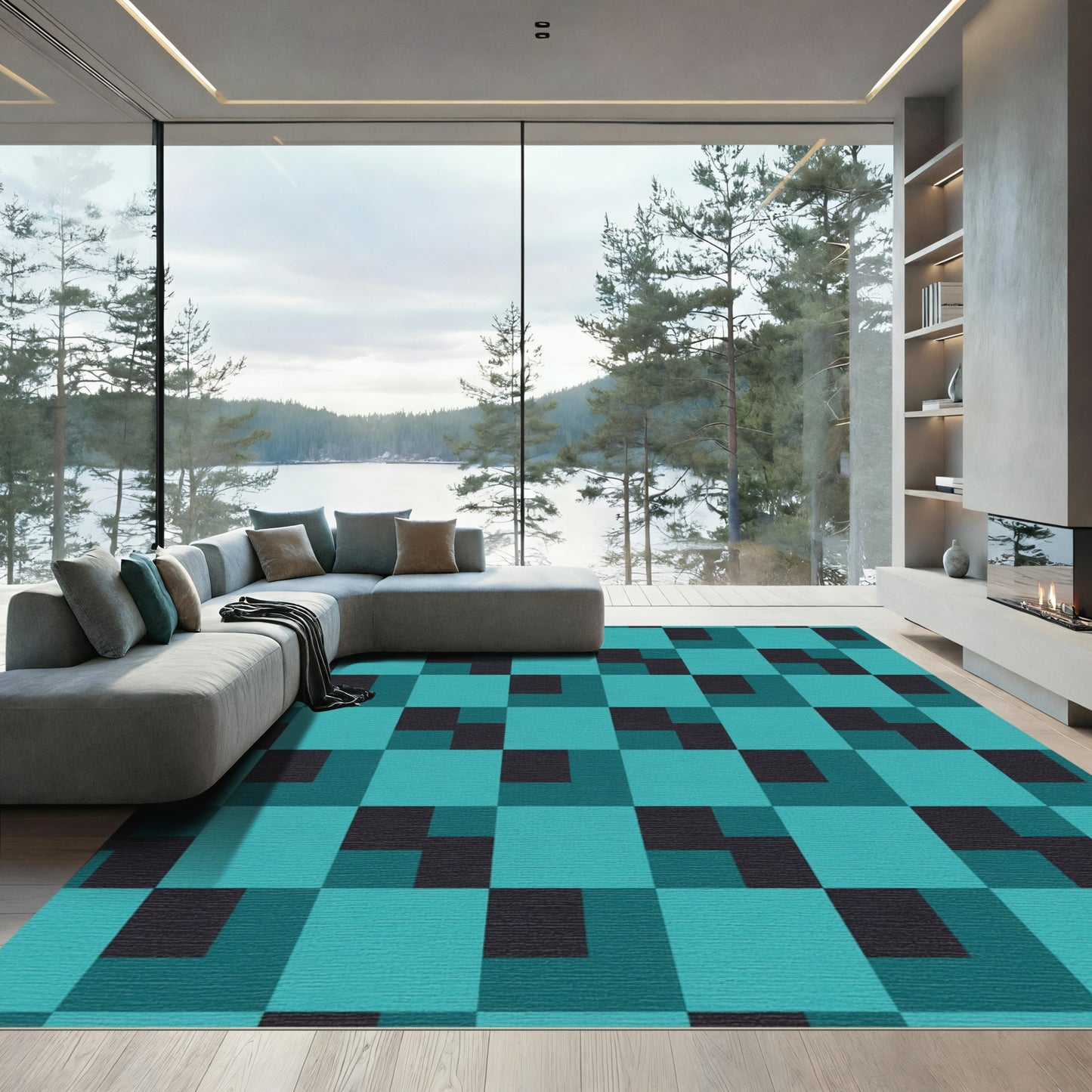 Teal Geometric Square Illusion Rug