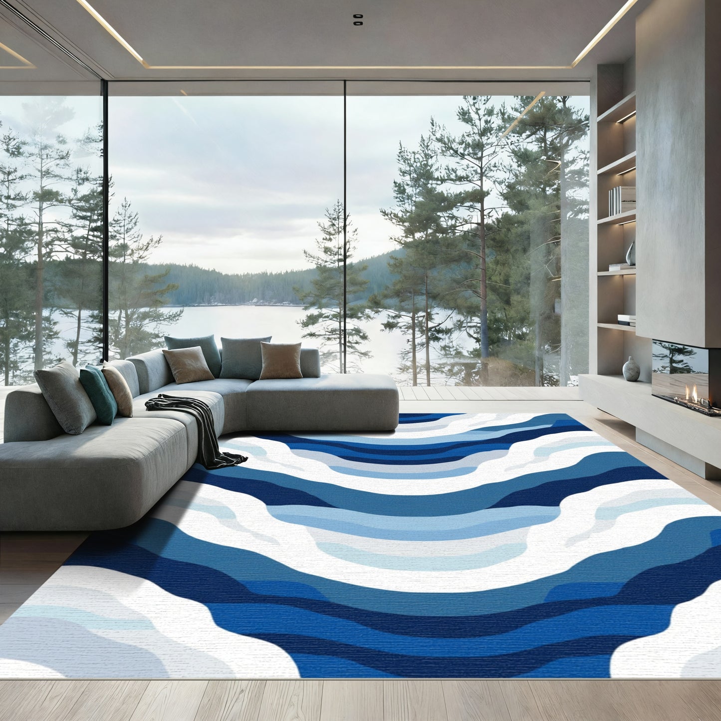 Wavy Blue Layered Abstract Rug