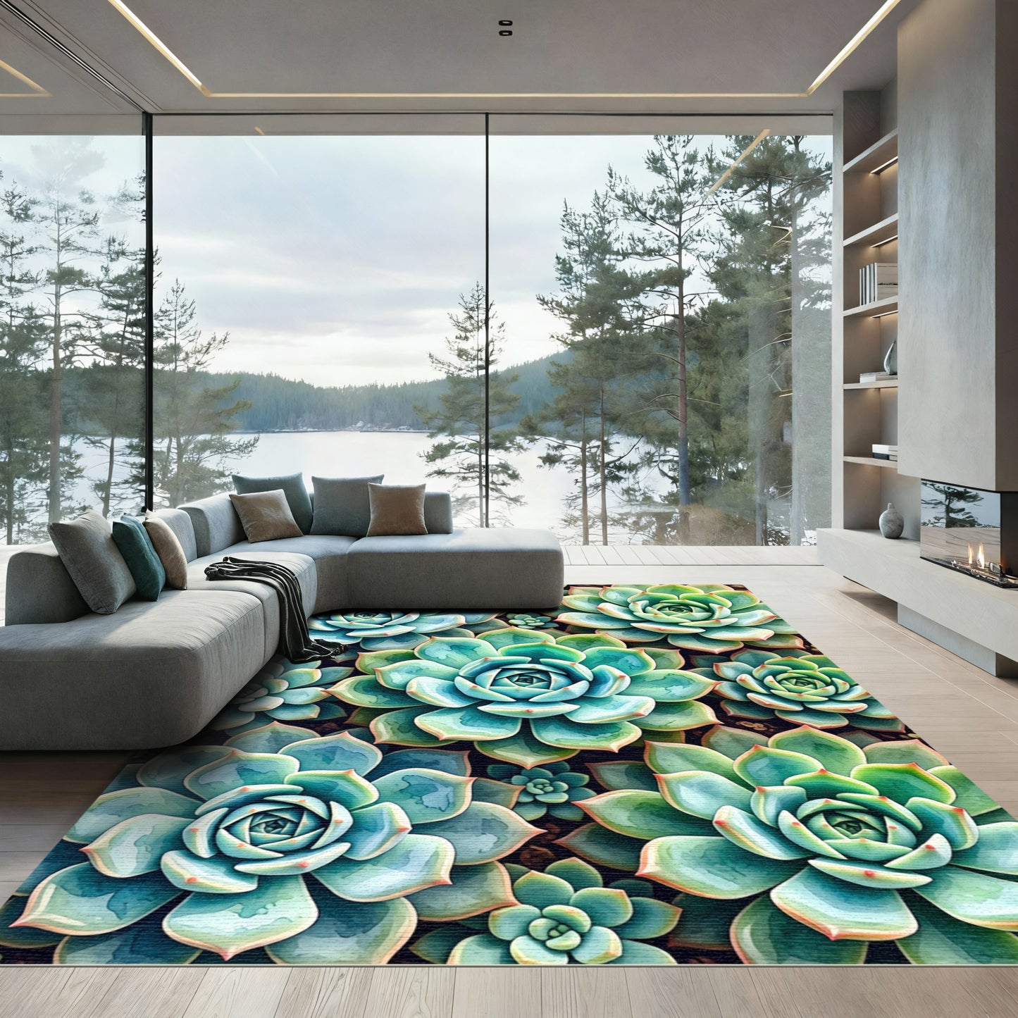 Lush Teal Succulent Botanical Echeveria Rug