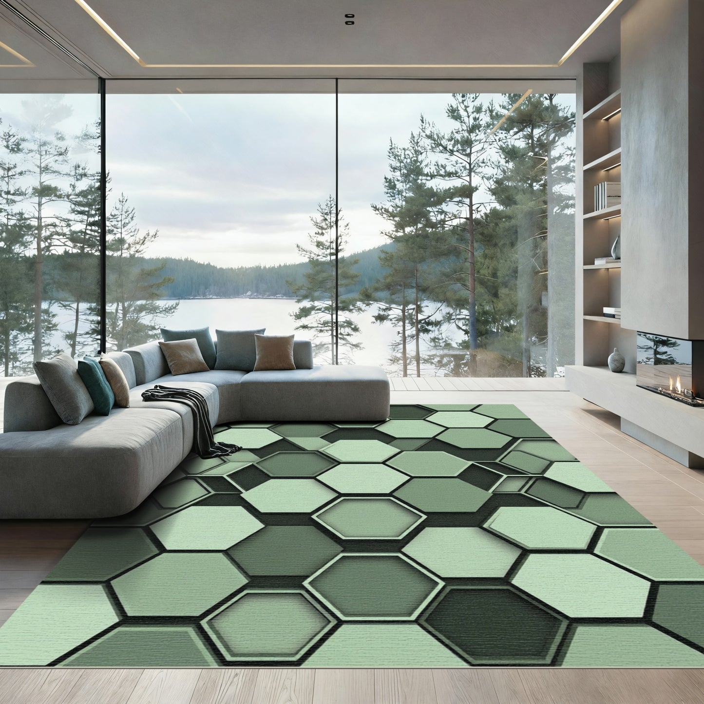 Modern Sage Geometric Interlocking Hexagon Rug