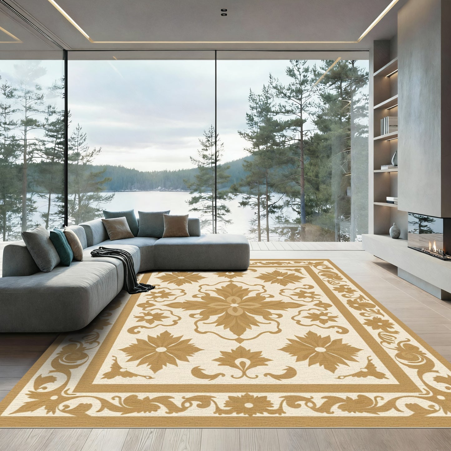 Golden Floral Vine Medallion Rug