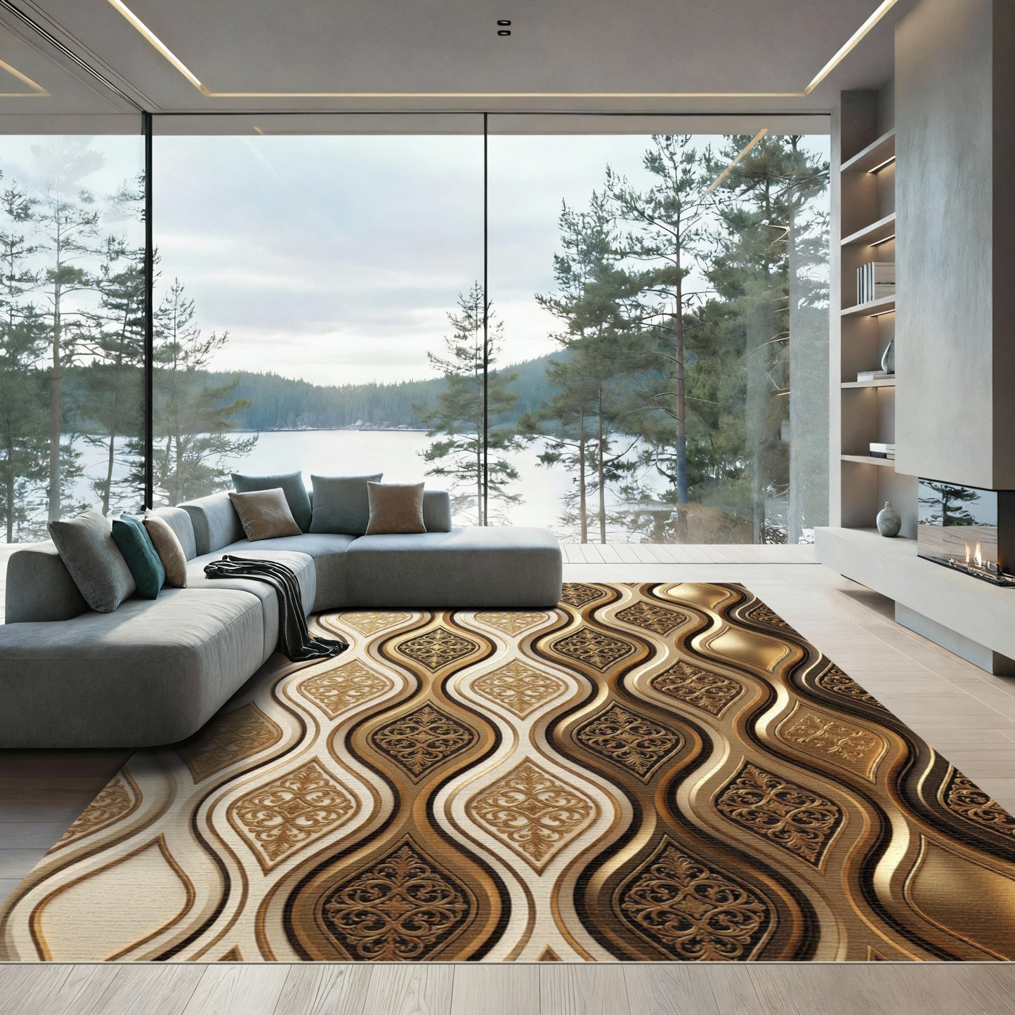 Elegant Gold Filigree Drop Rug