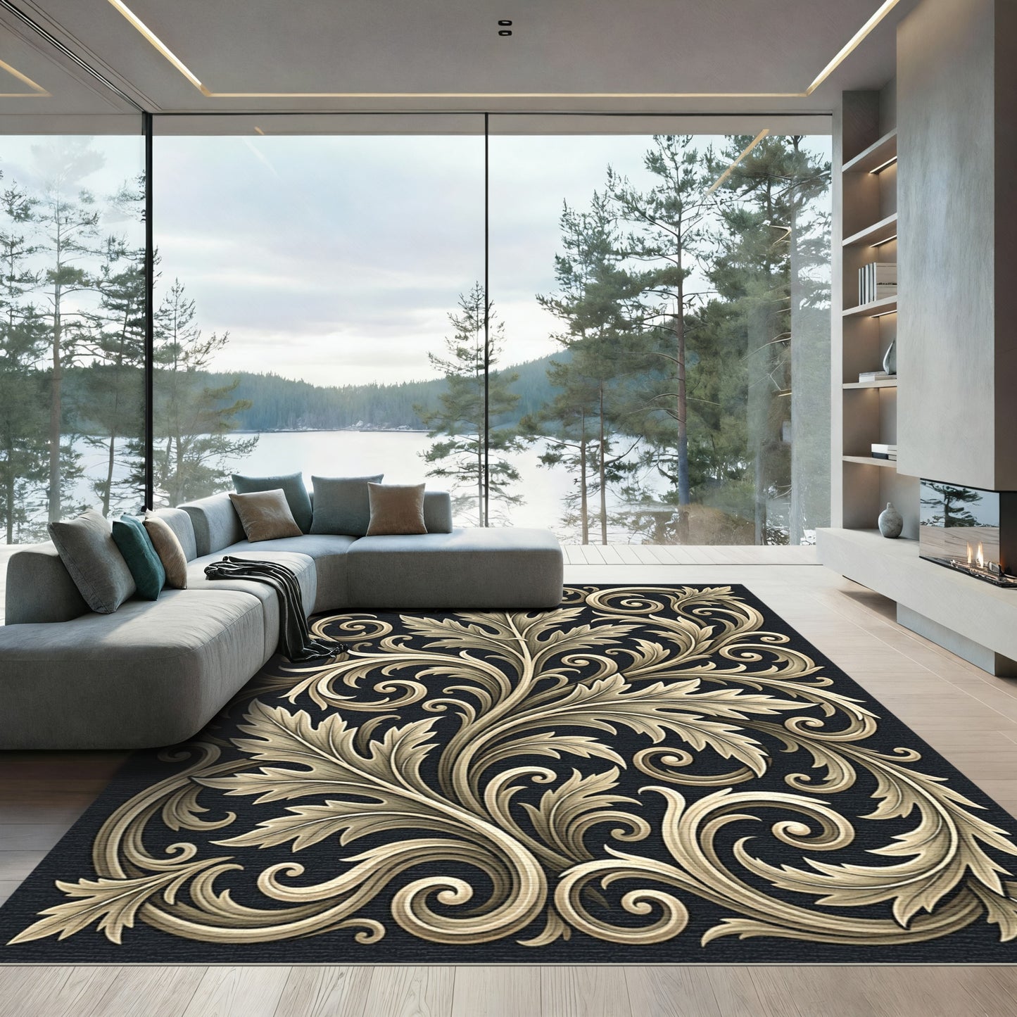 Ornate Gold Acanthus Swirl Rug