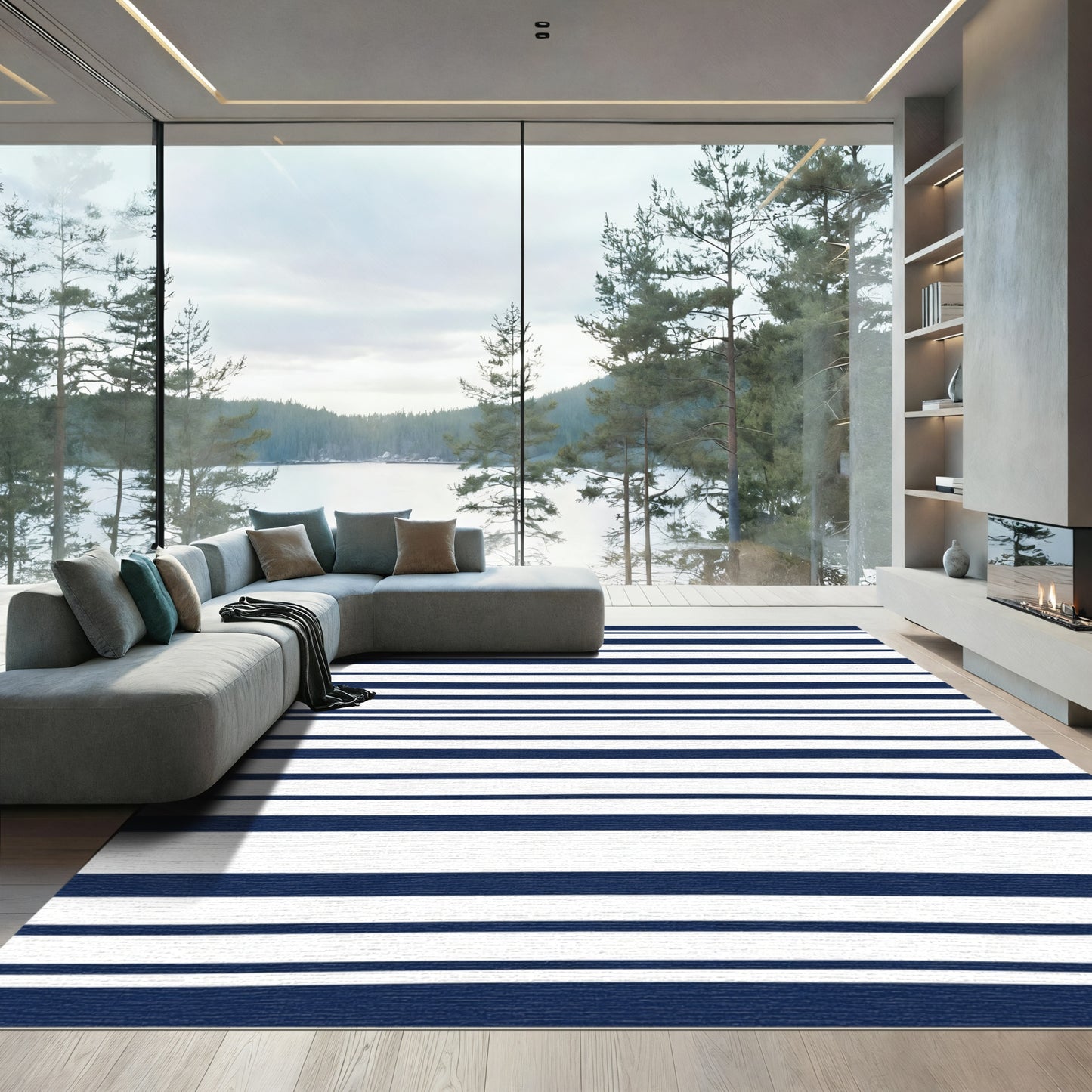 Navy Blue White Horizontal Stripe Rug