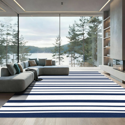 Navy Blue White Horizontal Stripe Rug