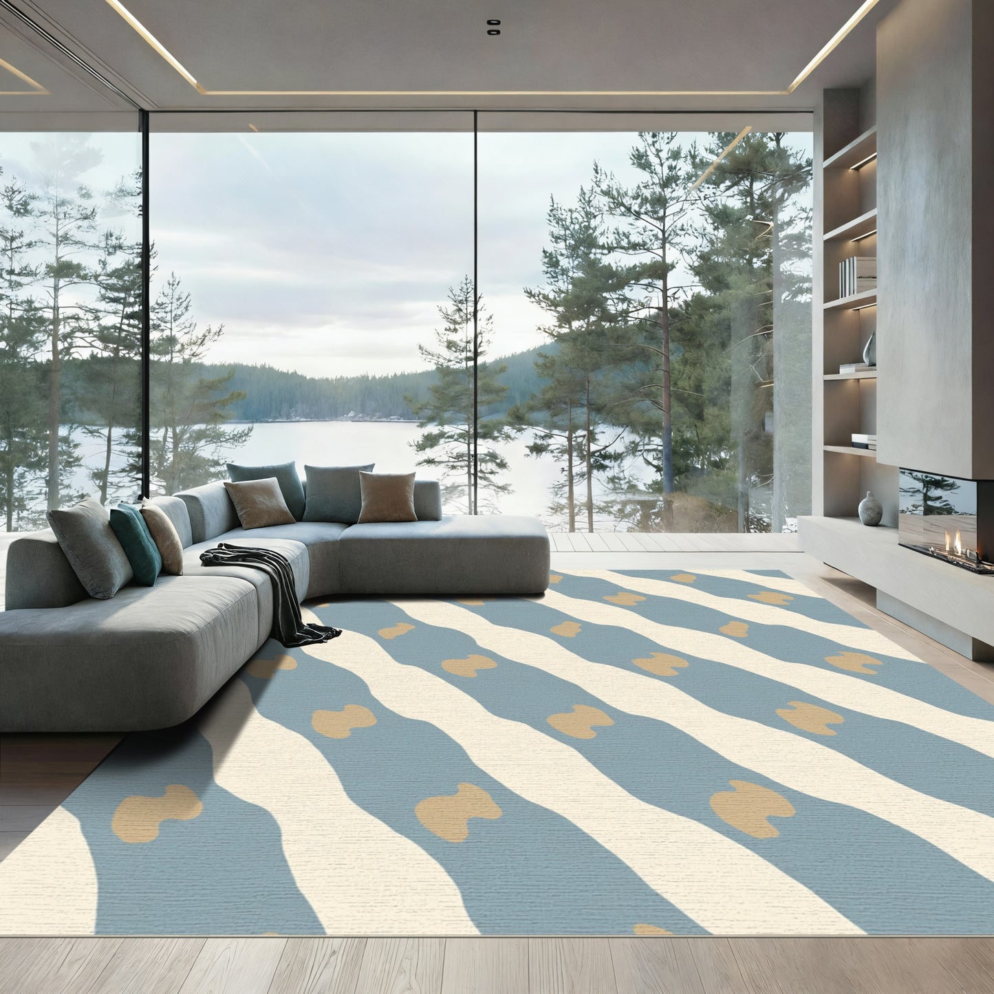 Blue Tan Wave Stripe Abstract Rug