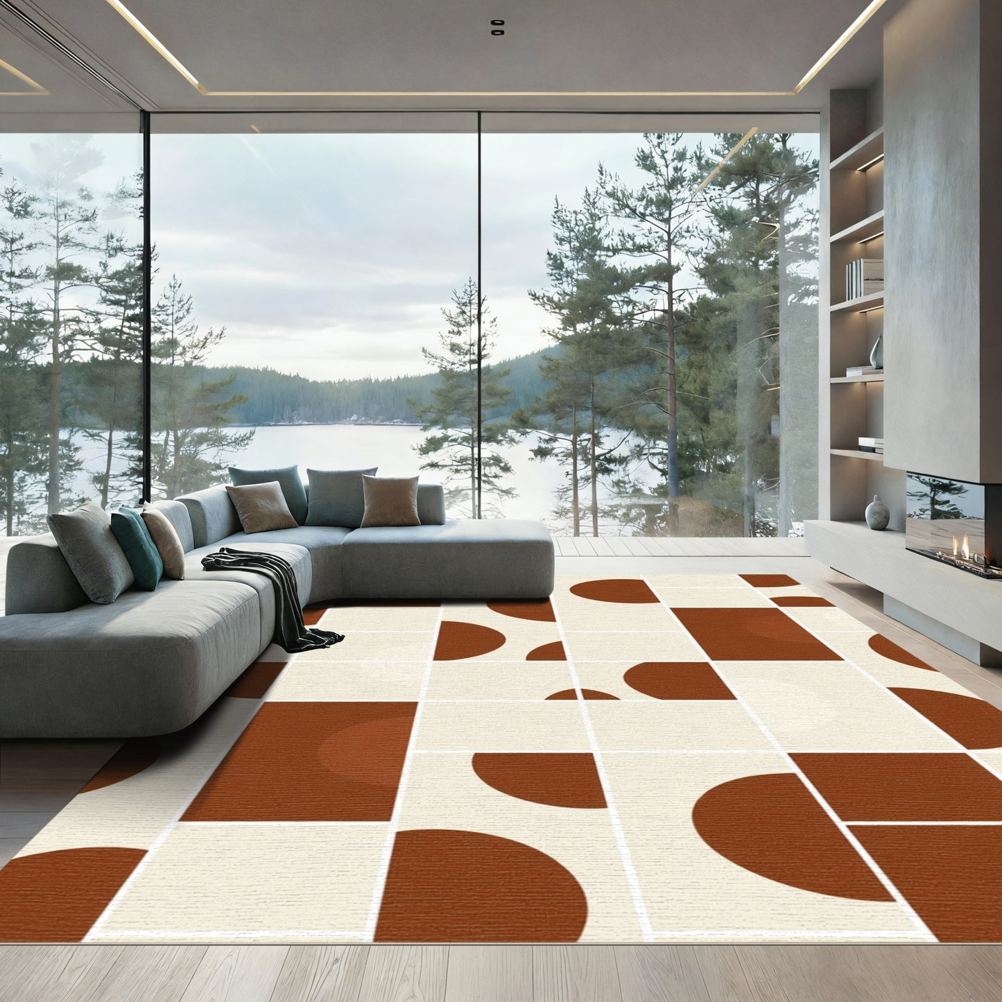 Mid Century Terracotta Circles and Squares Rug