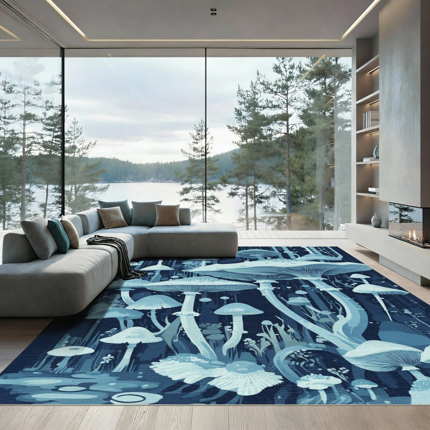 Mystic Blue Mushroom Forest Arrangement Rug