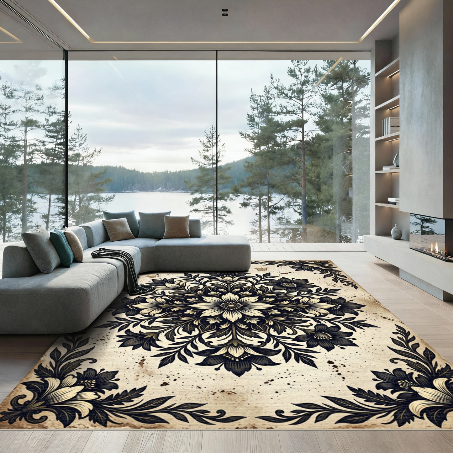 Vintage Ornate Charcoal Floral Medallion Rug