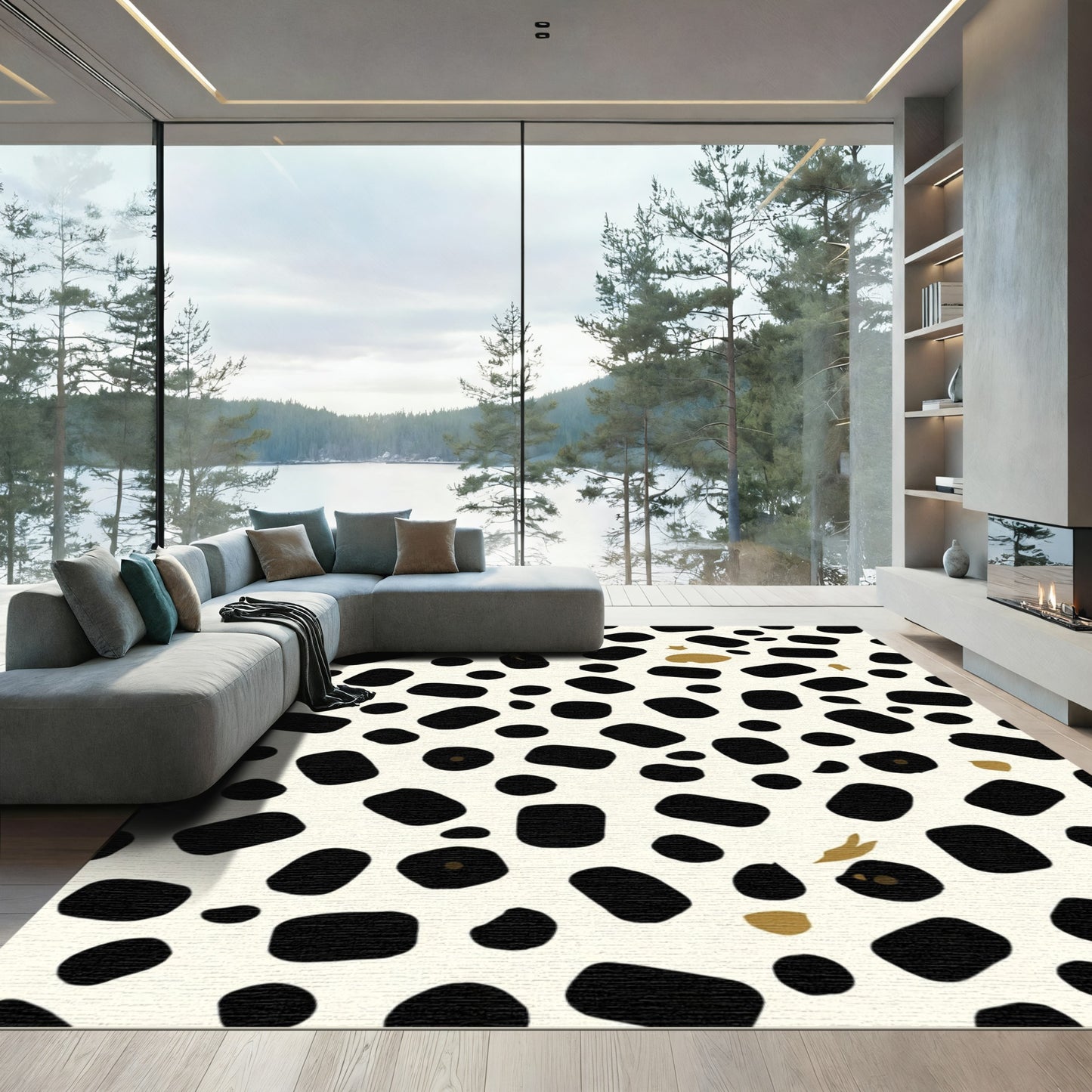 Black White Gold Spotted Abstract Rug