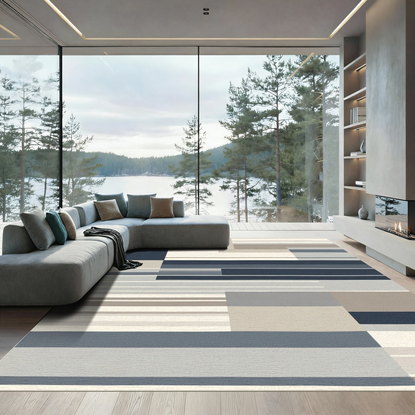 Abstract Blue Gray Stripe Rectangle Rug