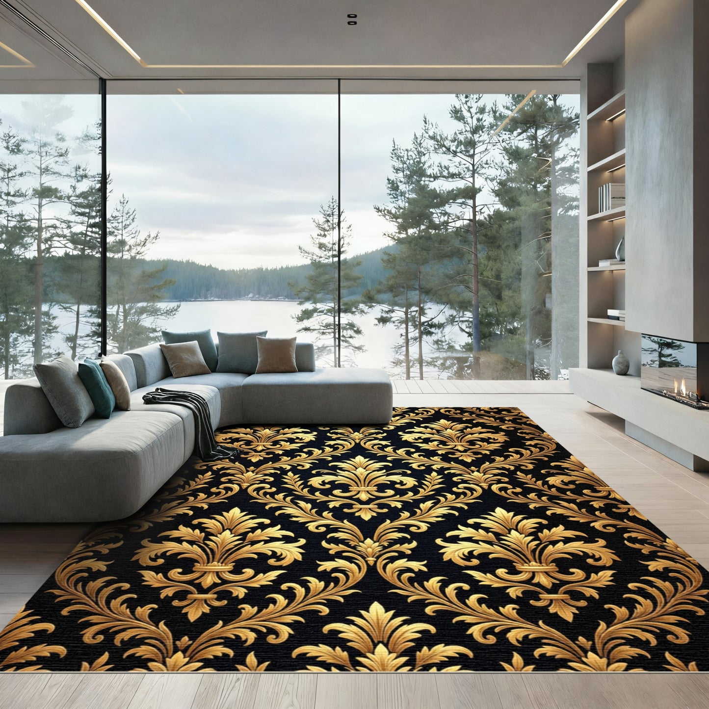 Luxurious Gold Floral Damask Filigree Rug