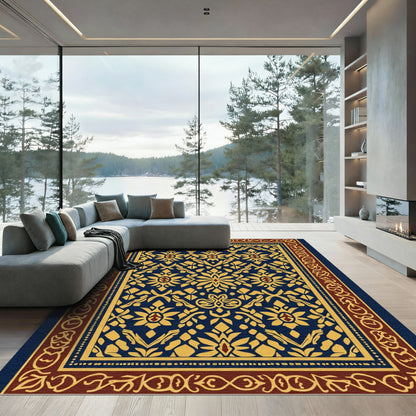 Majestic Blue Gold Floral Scroll Rug