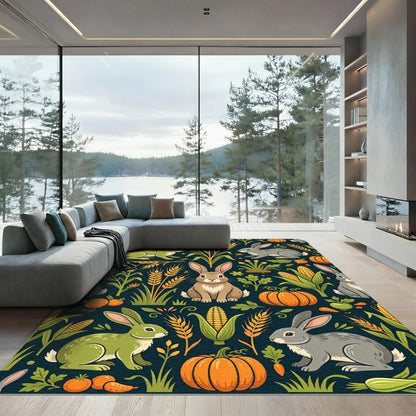 Harvest Rabbit Wheat and Pumpkin Illustration Rug
