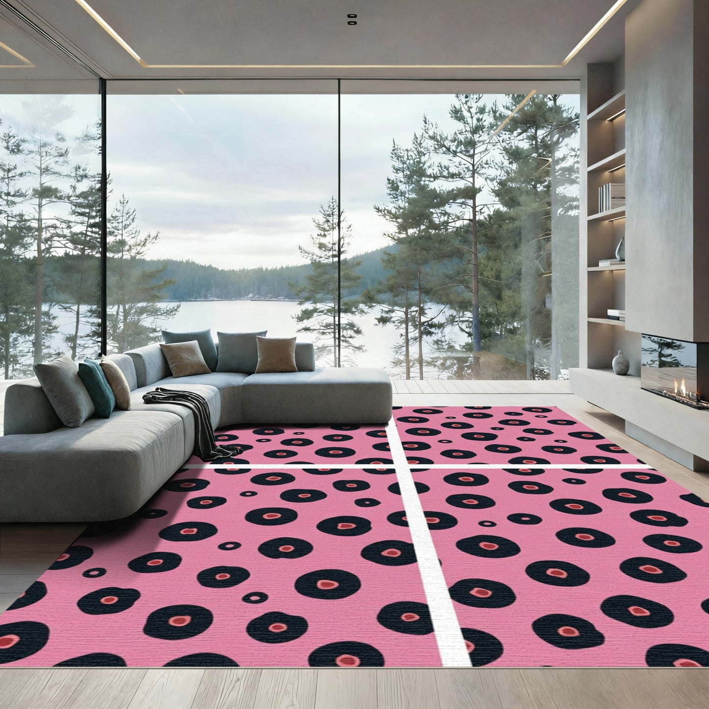 Pink And Black Spotted Floral Rug