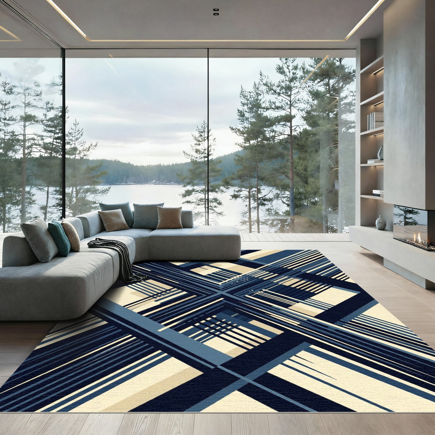 Navy Blue Plaid Geometric Overlay Rug
